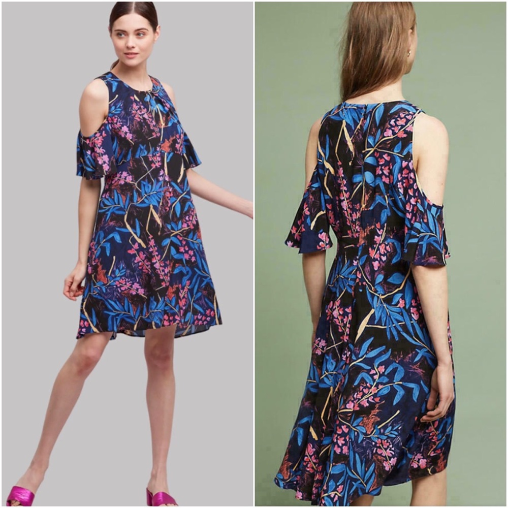 Maeve Elia Blue Floral Tropical Open-Shoulder Dress